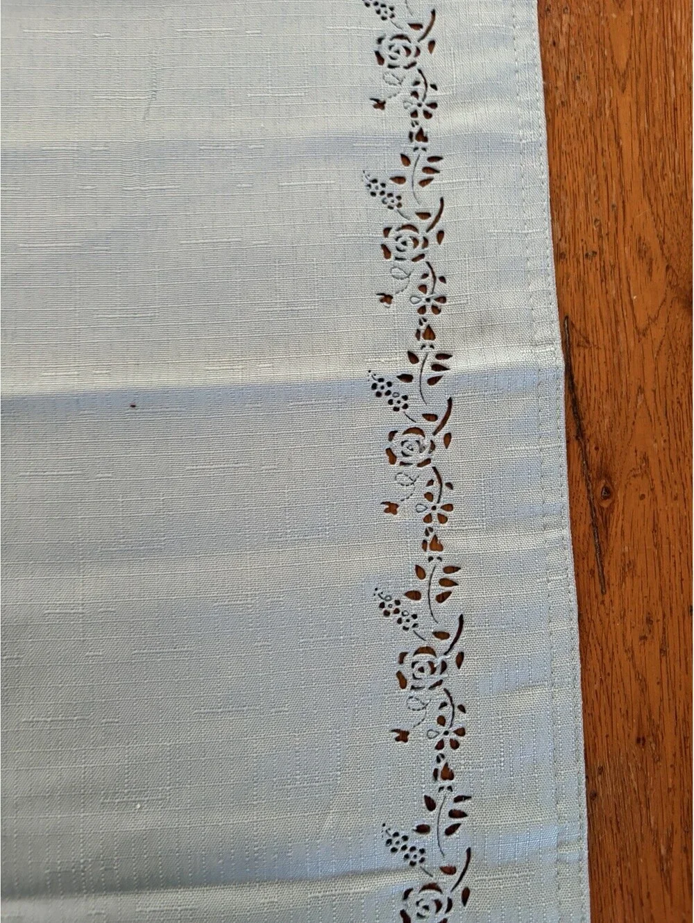 Vintage Style Table Runner Solid Blue Green With Cutwork Floral Border  12x68”